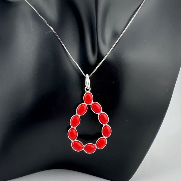 Modern 8.5 ct Red Coral Bold Teardrop Pendant - 24" Sterling Silver Chain - Picture 6 of 7